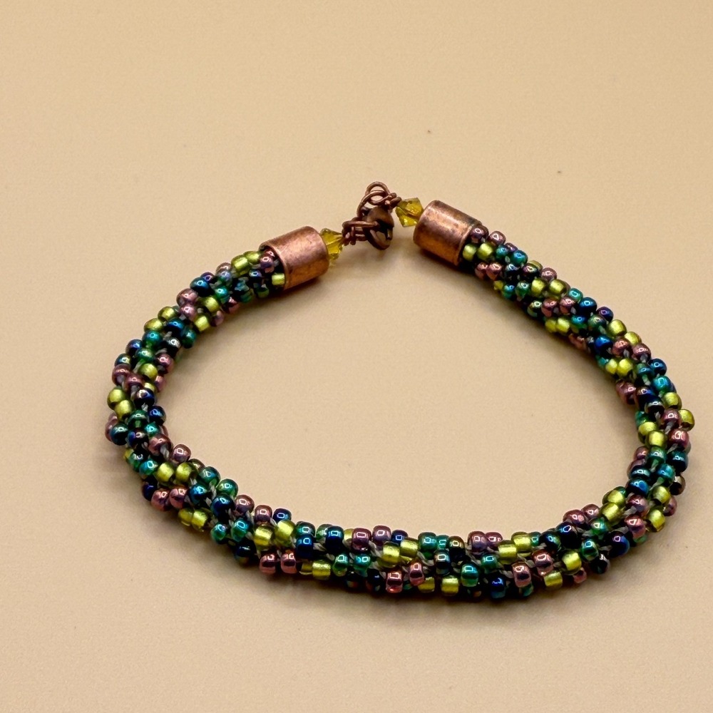 Iridescent Seed Bead Bracelet Copper Tone Boho Artisan Statement Jewelry Gift - Picture 9 of 14